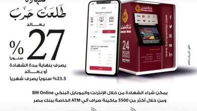 بنك مصر يتيح شراء شهادة الـ27% من خلال الإنترنت والموبايل البنكي وماكينات الصراف الآلي