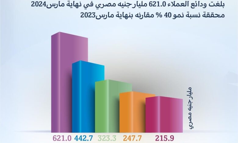 621 مليار جنيه حجم محفظة الودائع ببنك QNB الأهلي خلال الربع الأول من 2024 بنسبة نمو 40%