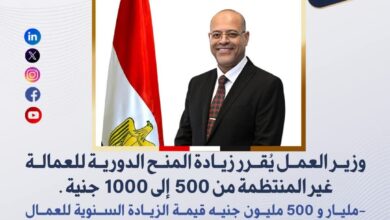 وزير العمل: زيادة المنح الدورية للعمالة غير المنتظمة من 500 إلى 1000 جنيه