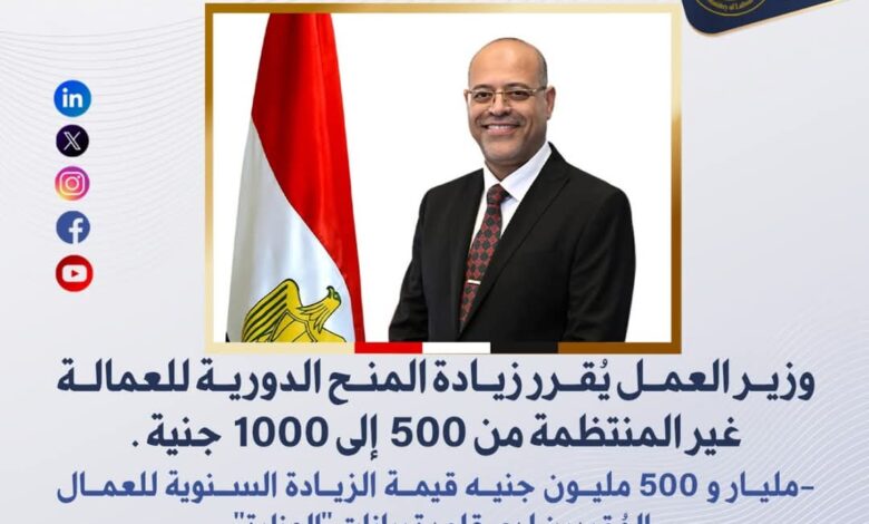 وزير العمل: زيادة المنح الدورية للعمالة غير المنتظمة من 500 إلى 1000 جنيه