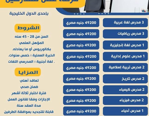 براتب 49 ألف جنيه.. 24 فرصة عمل في مجال التدريس بإحدى دول الخليج