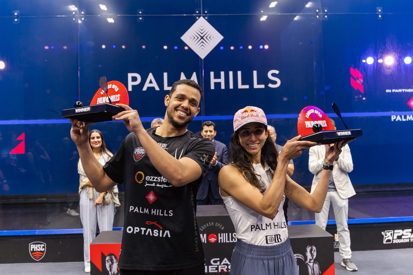 بعد منافسات قوية.. مصطفى عسل ونوران جوهر يفوزان بلقب النسخة الأولى من بطولة بالم هيلز المفتوحة للإسكواش