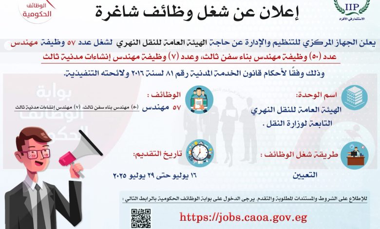 “التنظيم والإدارة” يعلن عن وظائف جديدة بهيئة النقل النهري: 57 فرصة للمهندسين.. والتقديم إلكترونيًا في يوليو “التنظيم والإدارة” يعلن عن وظائف جديدة بهيئة النقل النهري: 57 فرصة للمهندسين.. والتقديم إلكترونيًا في يوليو