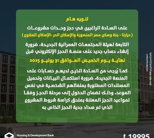 بنك التعمير والإسكان: آخر موعد لتسجيل بيانات الحجز الإلكتروني لمشروعات الإسكان الجديدة 31 يوليو