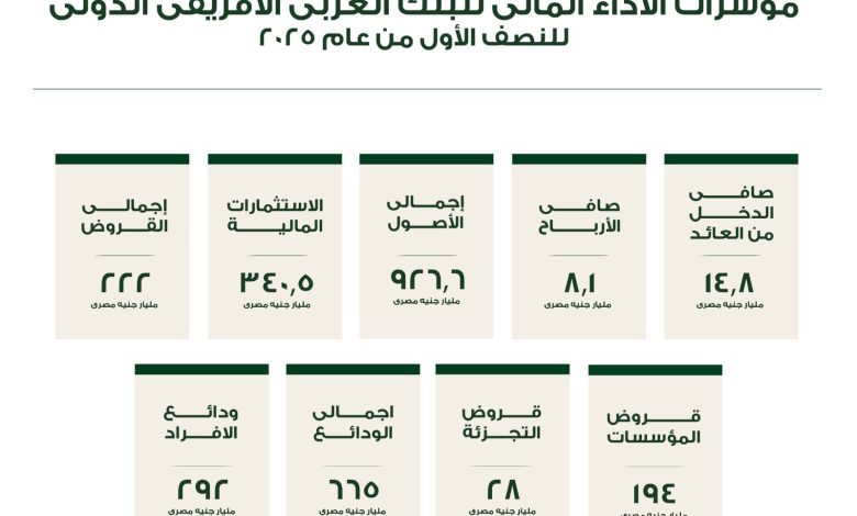 926.6 مليار جنيه إجمالي أصول البنك العربي الأفريقي بنهاية النصف الأول من 2025 926.6 مليار جنيه إجمالي أصول البنك العربي الأفريقي بنهاية النصف الأول من 2025
