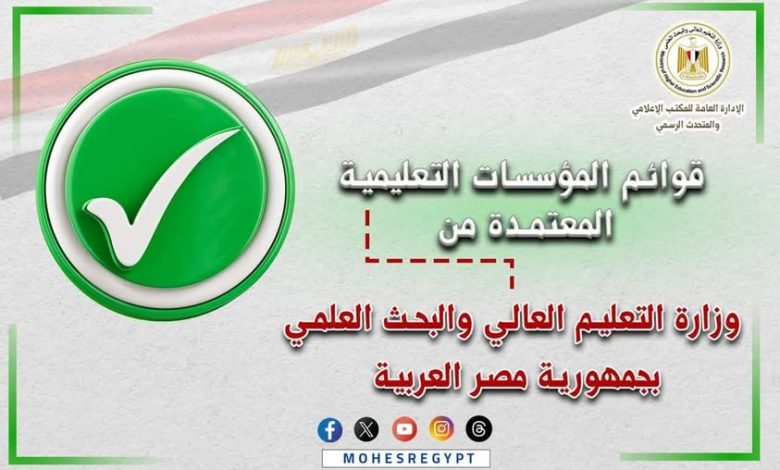 التعليم العالي تعلن القوائم المُحدثة للمؤسسات التعليمية المُعتمدة على مستوى الجمهورية التعليم العالي تعلن القوائم المُحدثة للمؤسسات التعليمية المُعتمدة على مستوى الجمهورية