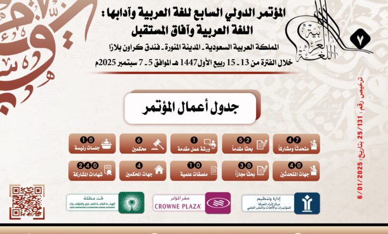 بمشاركة مصرية.. انطلاق المؤتمر الدولي السابع للغة العربية في المدينة المنورة السبت المقبل بمشاركة مصرية.. انطلاق المؤتمر الدولي السابع للغة العربية في المدينة المنورة السبت المقبل