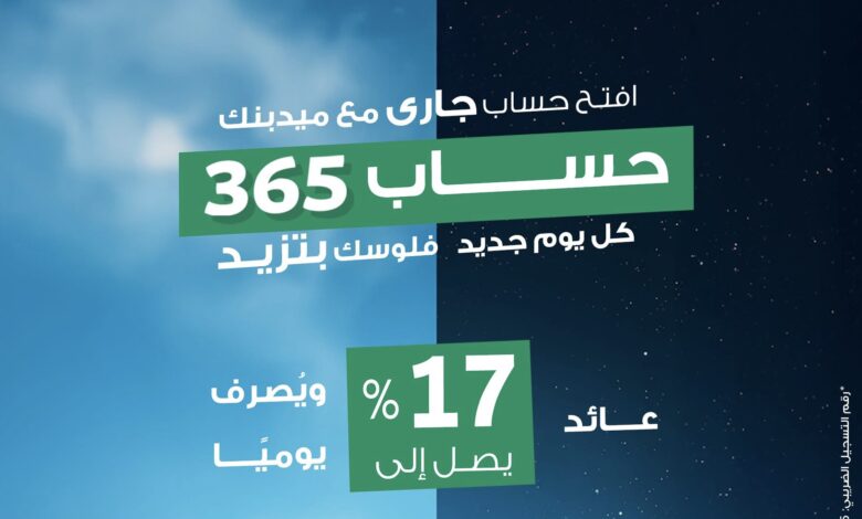 ميدبنك يطرح حساب 365 بعائد يومي يصل إلى 17% ميدبنك يطرح حساب 365 بعائد يومي يصل إلى 17%