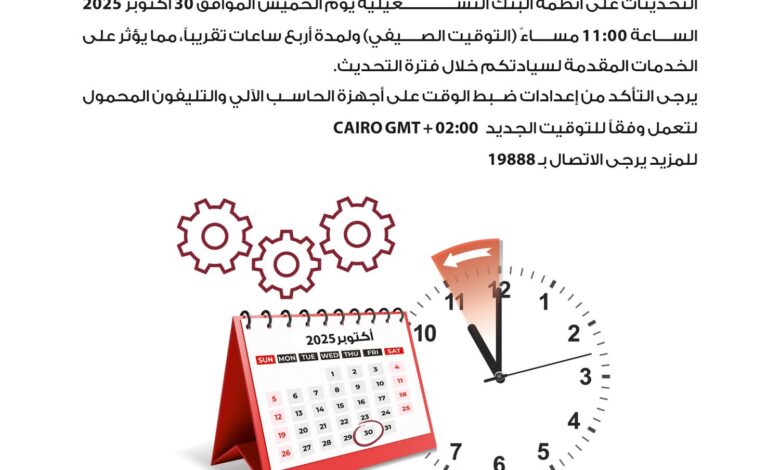 بنك مصر يُجري تحديثات تشغيلية لأنظمته تزامنًا مع انتهاء التوقيت الصيفي ويعلن تأثر بعض الخدمات بنك مصر يُجري تحديثات تشغيلية لأنظمته تزامنًا مع انتهاء التوقيت الصيفي ويعلن تأثر بعض الخدمات