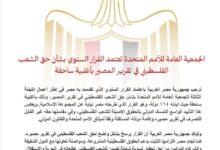 الجمعية العامة للأمم المتحدة تعتمد القرار السنوي بشأن حق الشعب الفلسطيني في تقرير المصير بأغلبية ساحقة