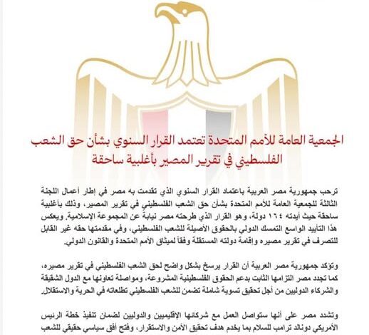 الجمعية العامة للأمم المتحدة تعتمد القرار السنوي بشأن حق الشعب الفلسطيني في تقرير المصير بأغلبية ساحقة