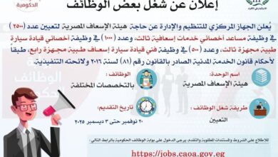 التنظيم والإدارة يُعلن عن مسابقة لشغل عدد (4000) وظيفة بهيئة الإسعاف المصرية التنظيم والإدارة يُعلن عن مسابقة لشغل عدد (4000) وظيفة بهيئة الإسعاف المصرية