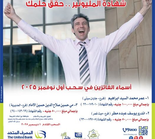 المصرف المتحد يعلن أسماء الفائزين في سحب شهادة المليونير لشهر نوفمبر 2025