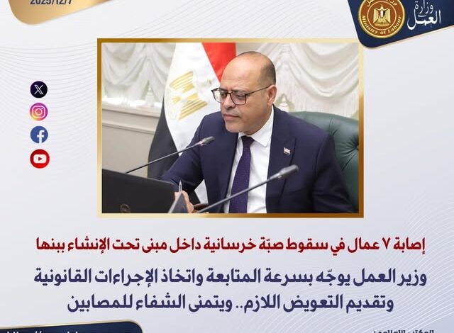 وزير العمل يوجه باتخاذ إجراءات قانونية بعد انهيار خرساني ببنها وزير العمل يوجه باتخاذ إجراءات قانونية بعد انهيار خرساني ببنها