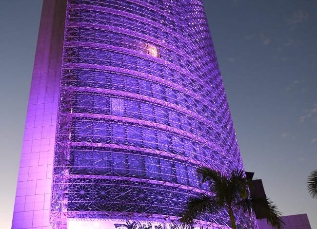 السفارة السعودية بالقاهرة تضيء مبناها باللون اللافندر دعماً لمبادرة (10KSA)