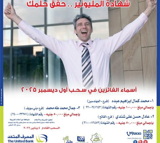 المصرف المتحد يعلن أسماء الفائزين بسحب شهادة المليونير لشهر ديسمبر 2025