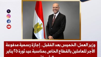 وزير العمل: الخميس بعد المُقبل.. إجازة رسمية مدفوعة الأجر للعاملين بالقطاع الخاص