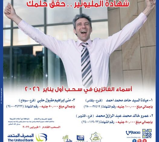 المصرف المتحد يعلن أسماء الفائزين في سحب شهادة المليونير لشهر يناير 2026 المصرف المتحد يعلن أسماء الفائزين في سحب شهادة المليونير لشهر يناير 2026
