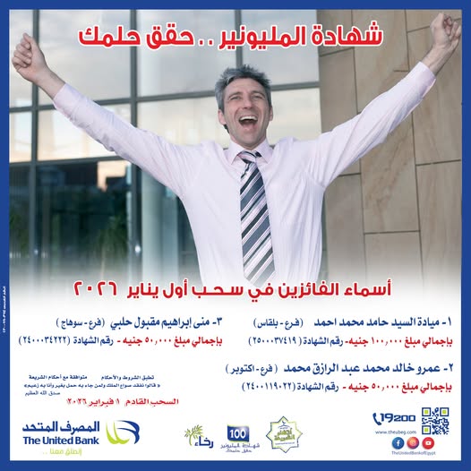 المصرف المتحد يعلن أسماء الفائزين في سحب شهادة المليونير لشهر يناير 2026
