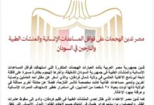 مصر تدين الهجمات على قوافل المساعدات الإنسانية والمنشآت الطبية والنازحين في السودان