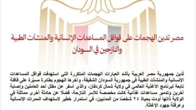 مصر تدين الهجمات على قوافل المساعدات الإنسانية والمنشآت الطبية والنازحين في السودان