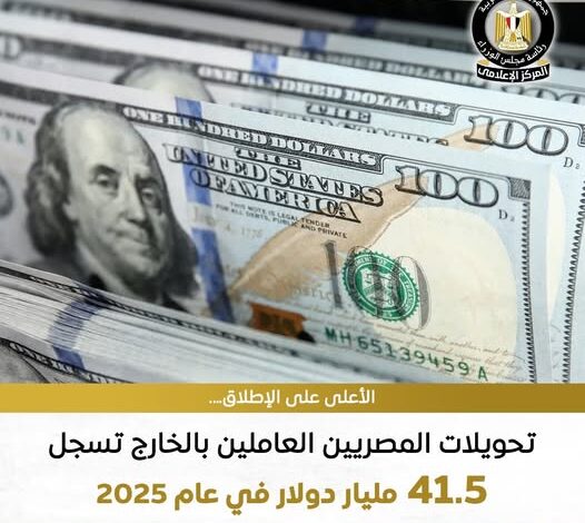 تحويلات المصريين العاملين بالخارج تسجل 41.5 مليار دولار في 2025